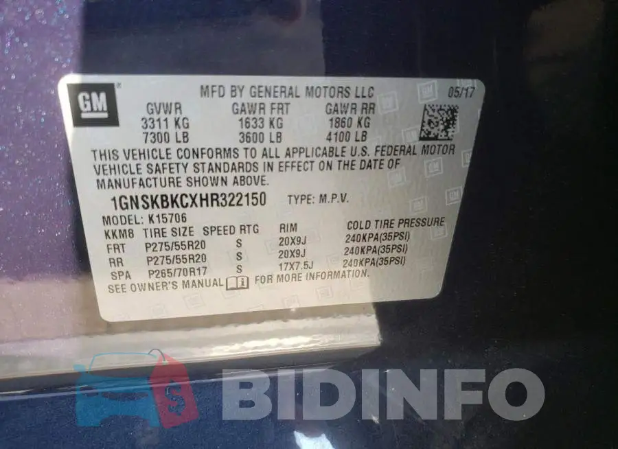 1GNSKBKCXHR322150 Photo# 10