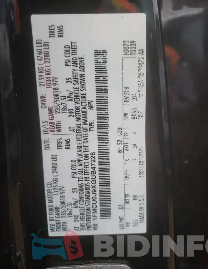 1FMCU0J9XGUB47228 Photo# 10