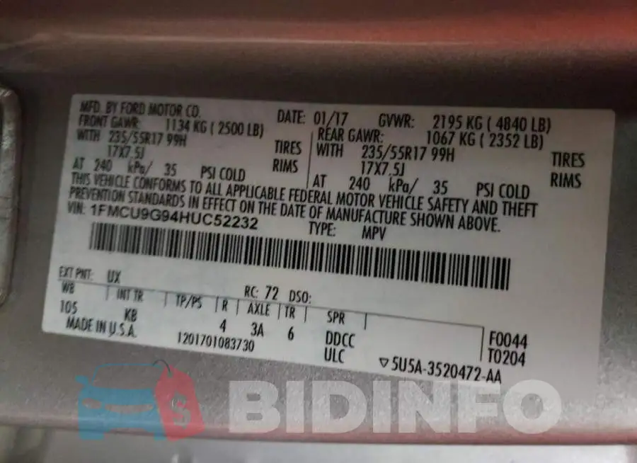1FMCU9G94HUC52232 Photo# 10