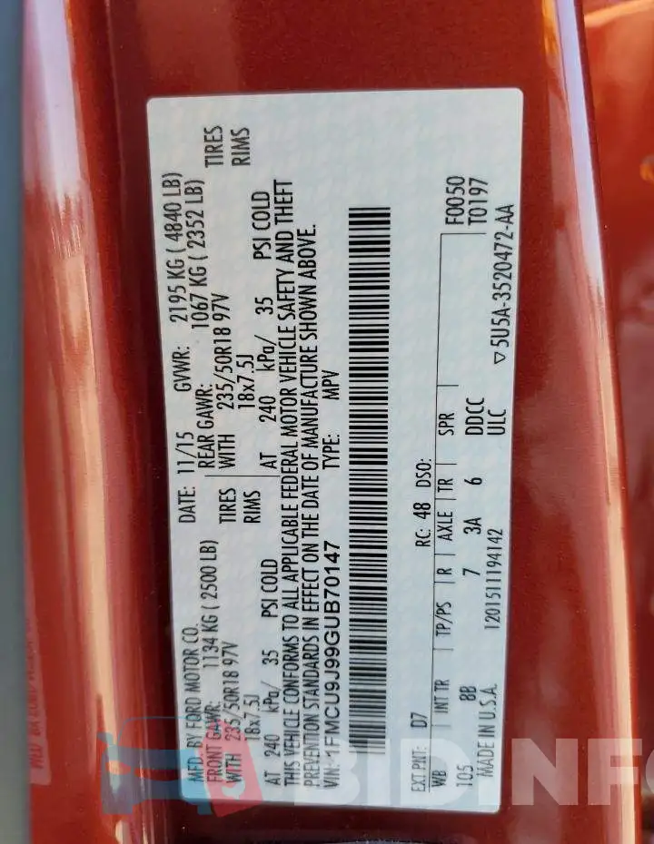 1FMCU9J99GUB70147 Photo# 10