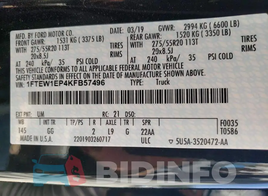 1FTEW1EP4KFB57496 Photo# 10