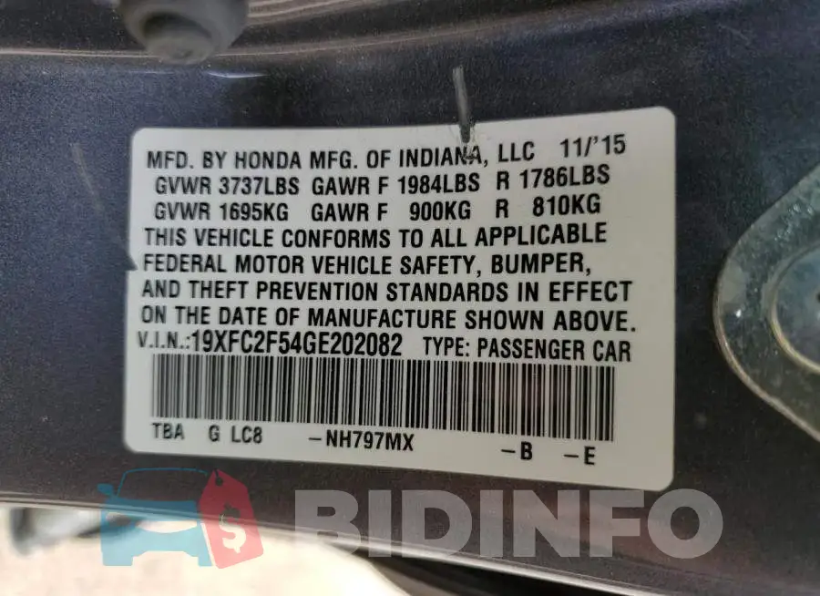 19XFC2F54GE202082 Photo# 10