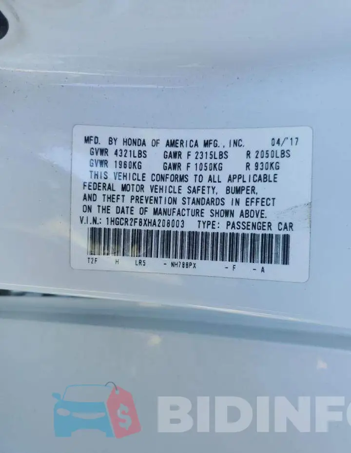 1HGCR2F8XHA208003 Photo# 10