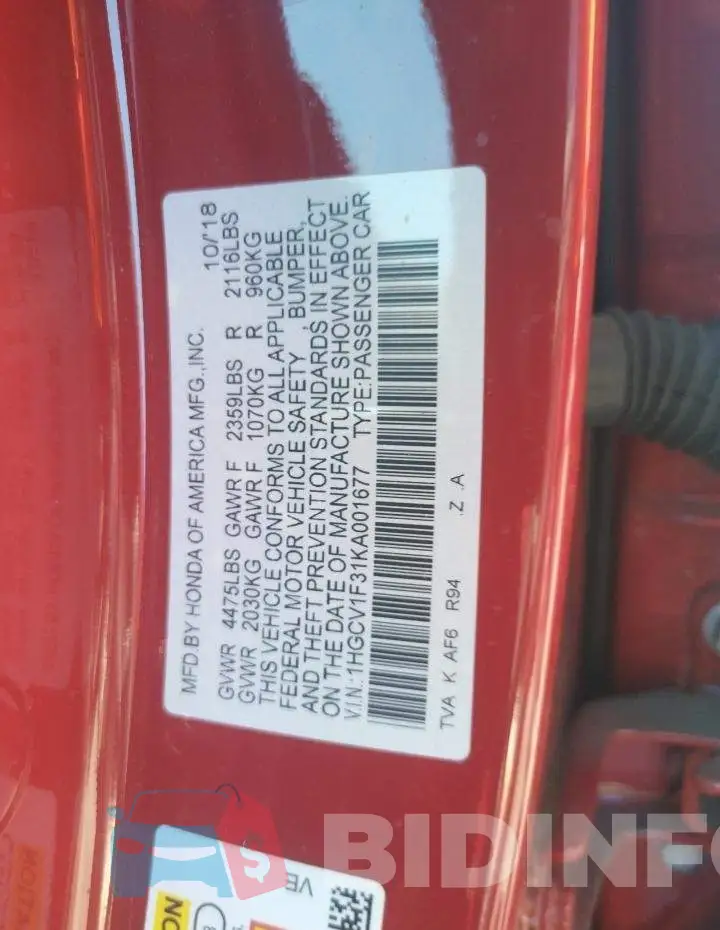 1HGCV1F31KA001677 Photo# 10