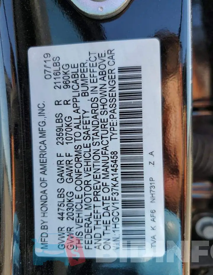 1HGCV1F37KA145458 Photo# 10