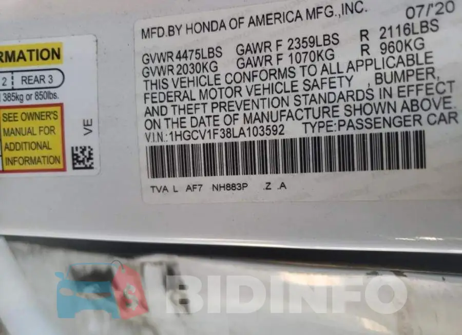 1HGCV1F38LA103592 Photo# 10
