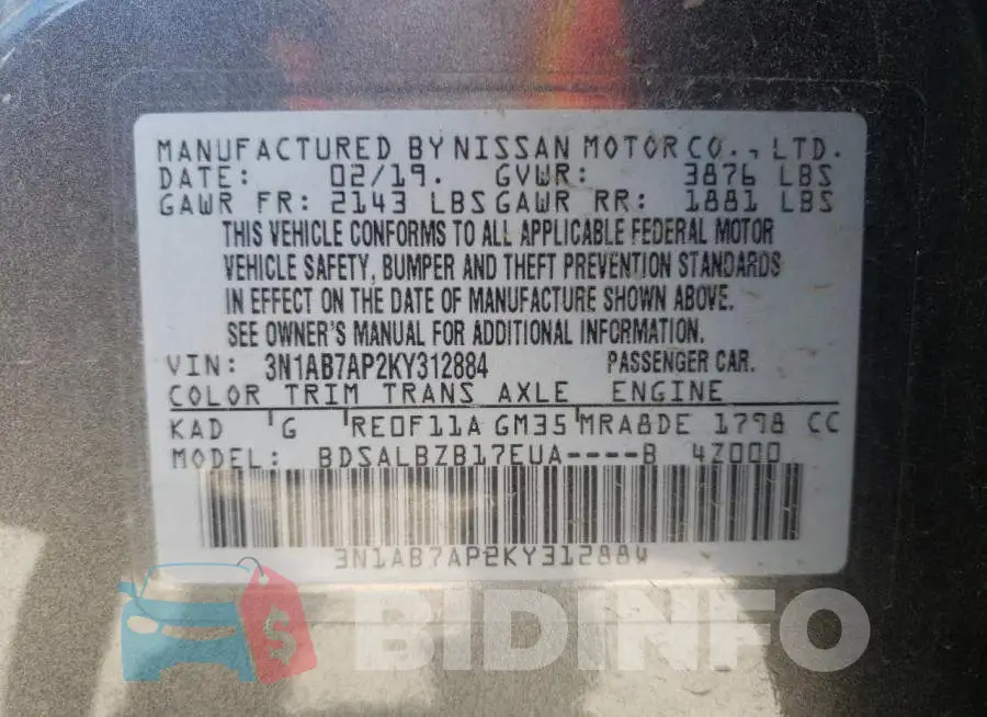 3N1AB7AP2KY312884 Photo# 10