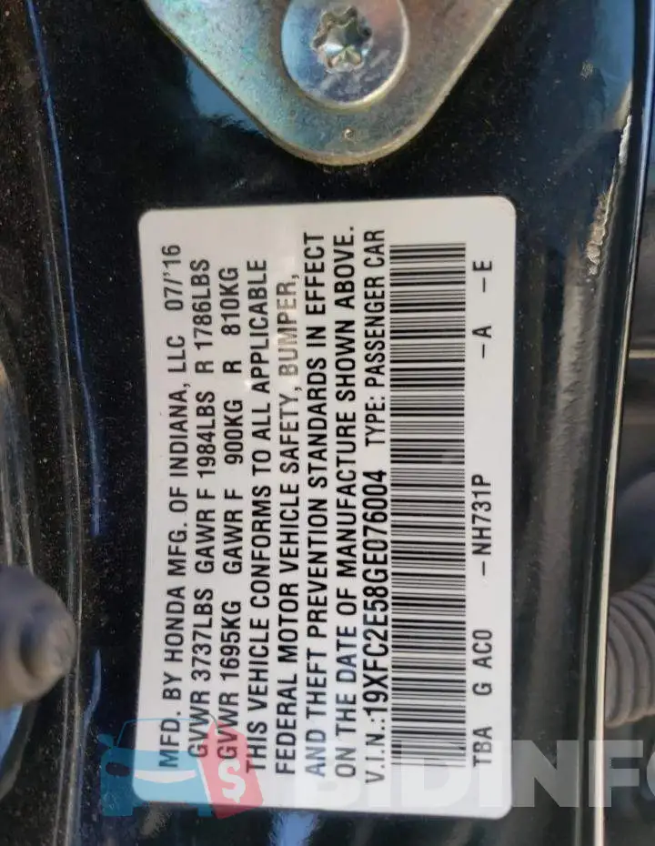 19XFC2E58GE076004 Photo# 10