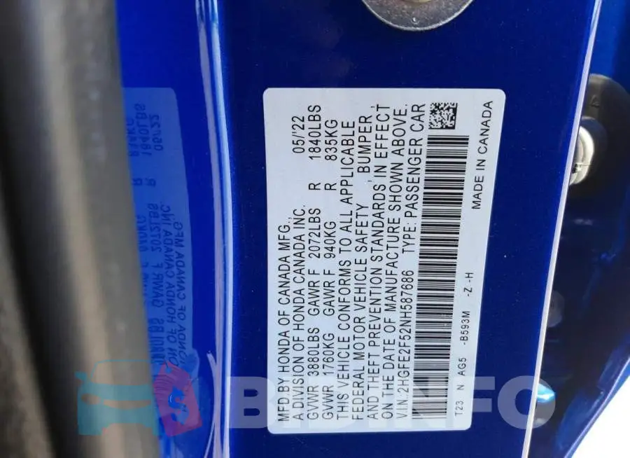 2HGFE2F52NH587686 Photo# 10