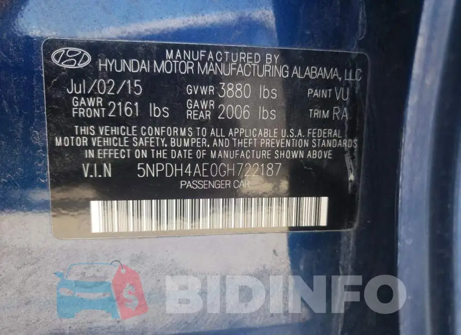 5NPDH4AE0GH722187 Photo# 10