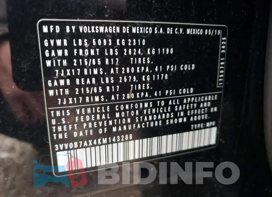 3VV0B7AX4KM143288 Photo# 10