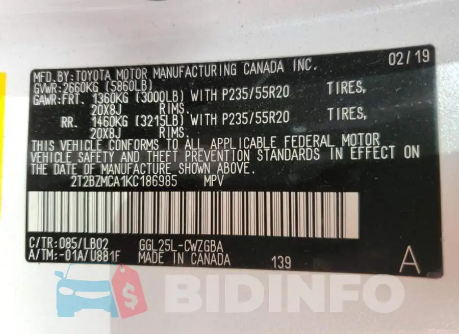 2T2BZMCA1KC186985 Photo# 10