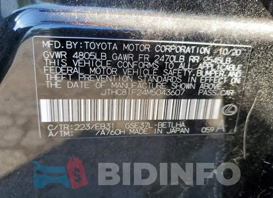 JTHC81F24M5043607 Photo# 10