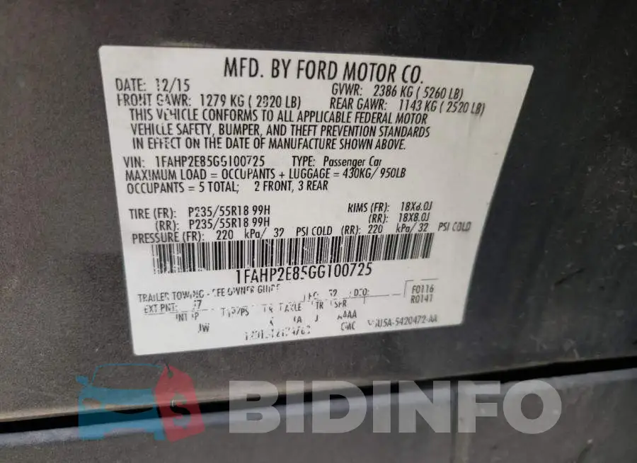 1FAHP2E85GG100725 Photo# 10