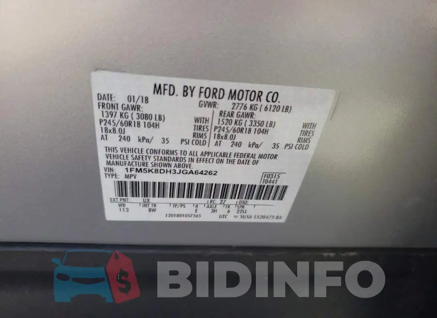 1FM5K8DH3JGA64262 Photo# 10