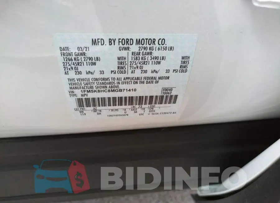 1FM5K8HC8MGB71410 Photo# 10