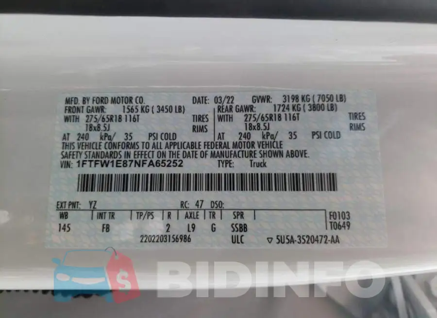 1FTFW1E87NFA65252 Photo# 10