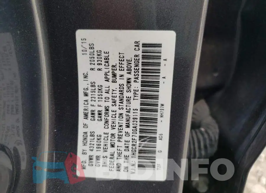 1HGCR2F70GA039115 Photo# 10