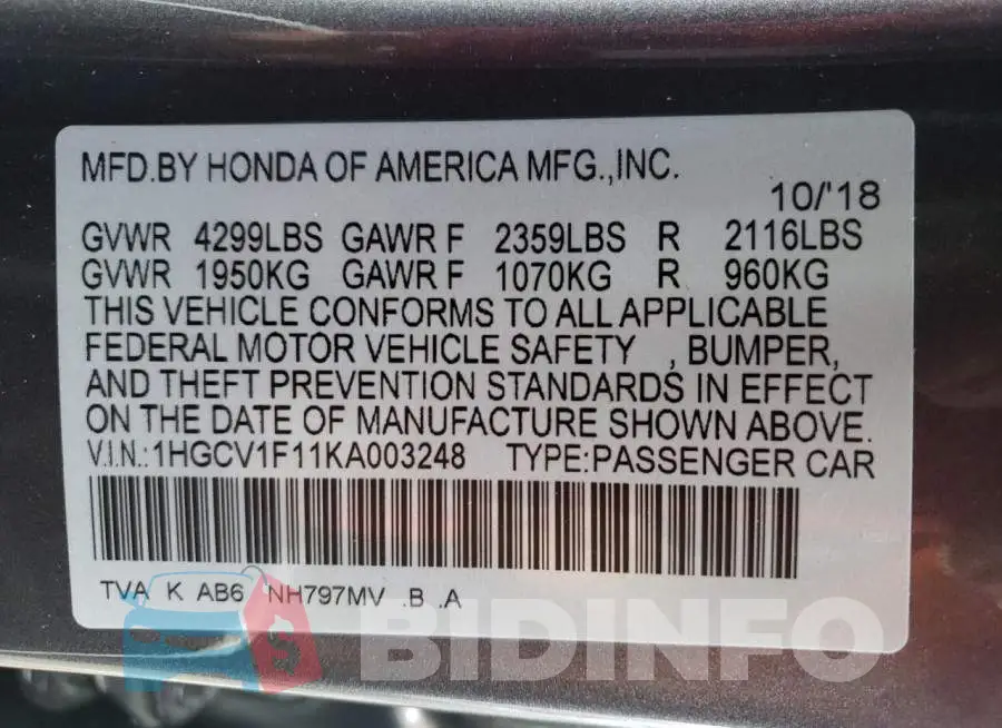 1HGCV1F11KA003248 Photo# 10