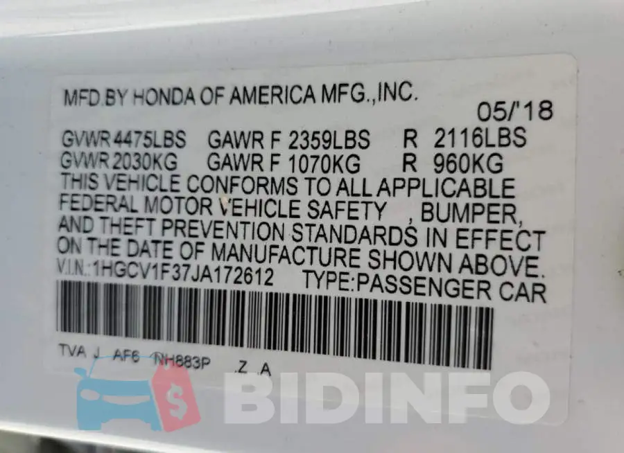1HGCV1F37JA172612 Photo# 10