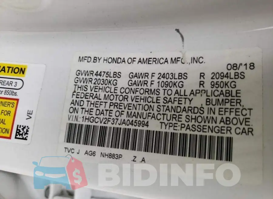 1HGCV2F37JA045994 Photo# 10