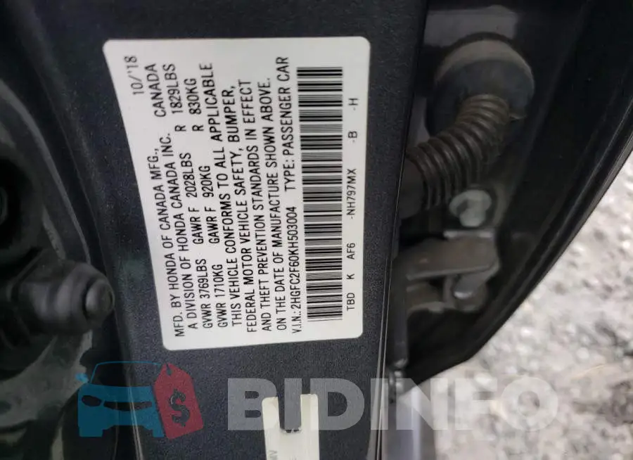 2HGFC2F60KH503004 Photo# 10