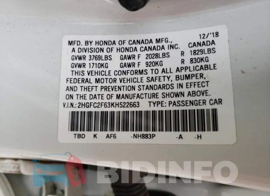 2HGFC2F63KH522663 Photo# 10