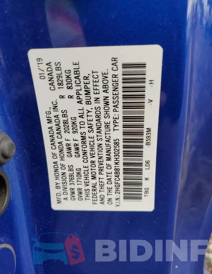 2HGFC4B81KH302585 Photo# 10
