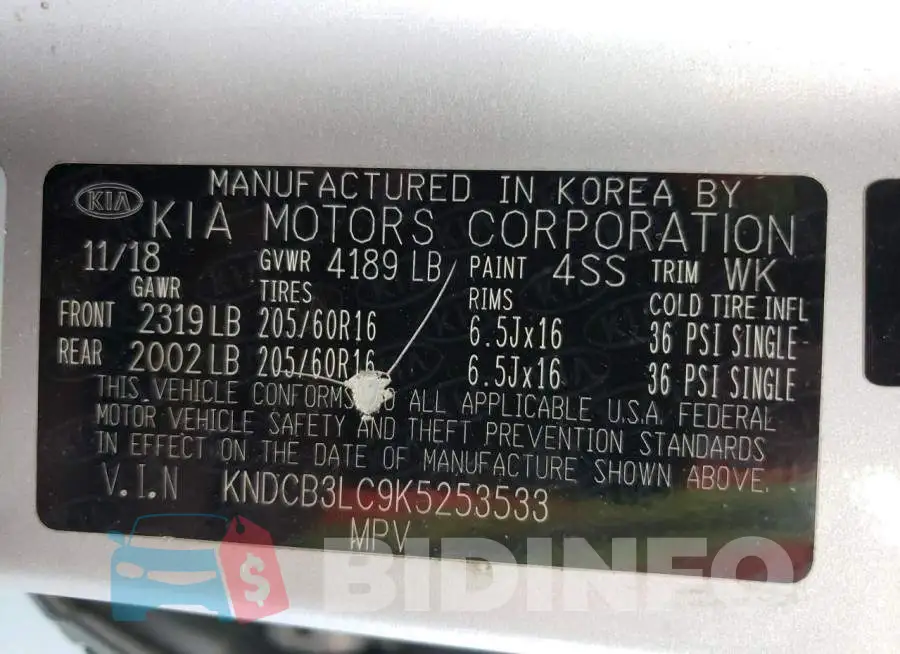 KNDCB3LC9K5253533 Photo# 10