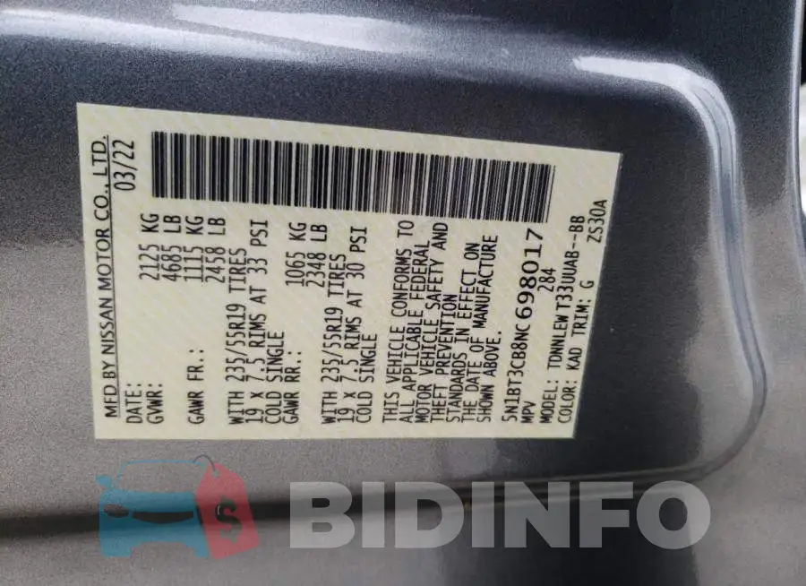 5N1BT3CB8NC698017 Photo# 10