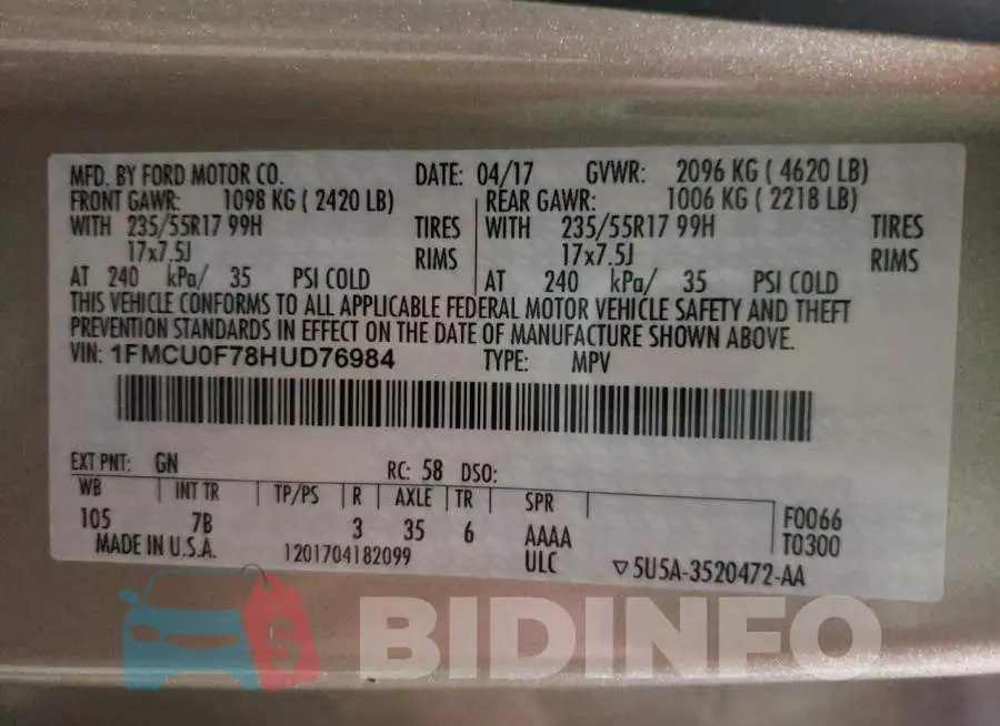 1FMCU0F78HUD76984 Photo# 10