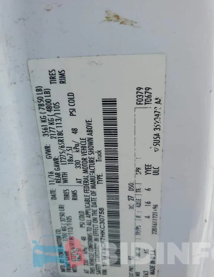 1FTFX1CF7HKC30758 Photo# 10