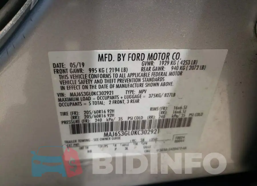 MAJ6S3GL0KC302921 Photo# 10
