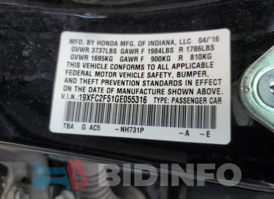 19XFC2F51GE055316 Photo# 10