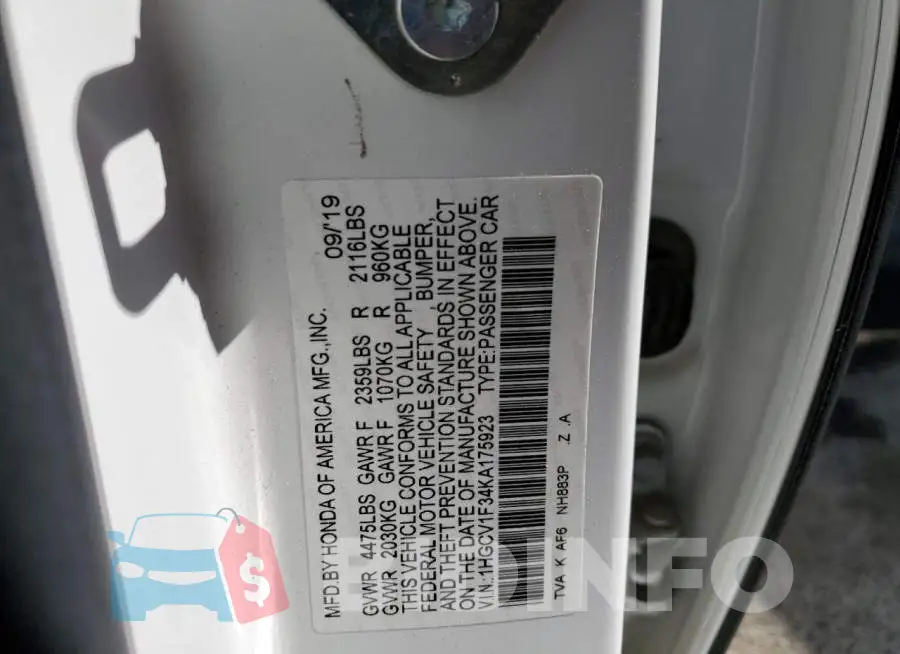 1HGCV1F34KA175923 Photo# 10
