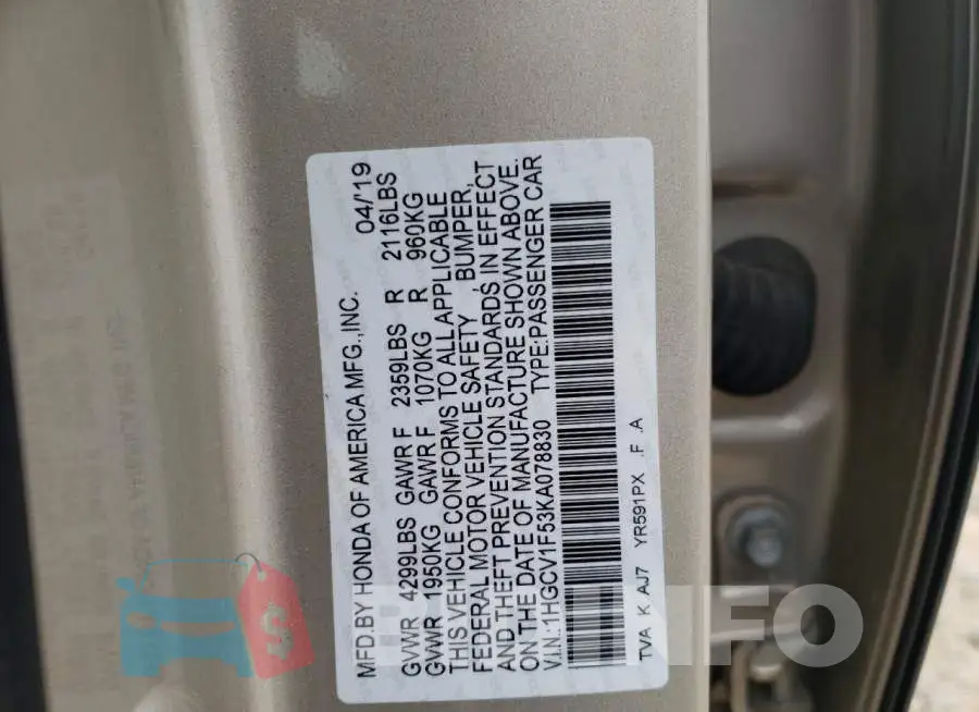 1HGCV1F53KA078830 Photo# 10