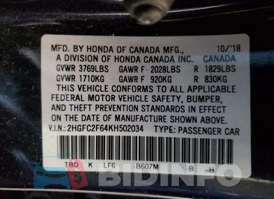 2HGFC2F64KH502034 Photo# 10