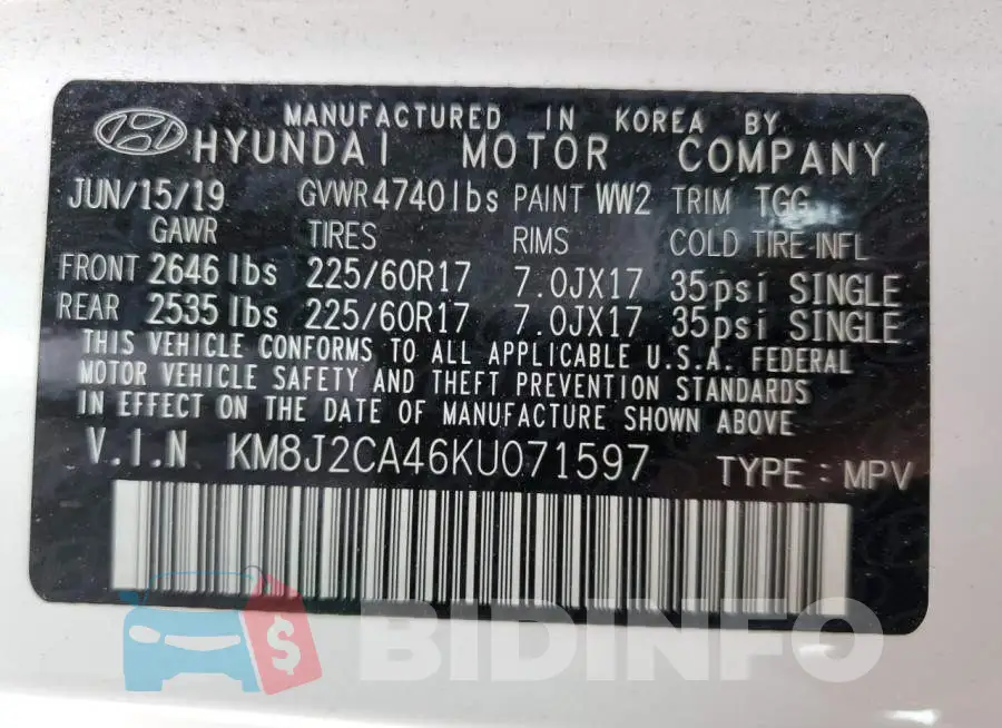 KM8J2CA46KU071597 Photo# 10
