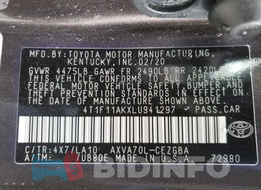 4T1F11AKXLU941297 Photo# 10