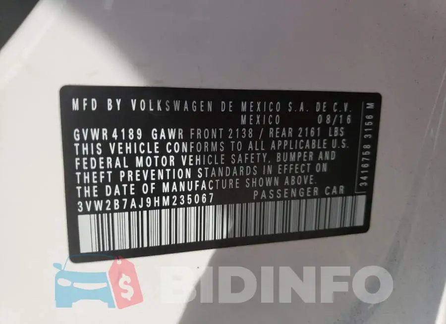 3VW2B7AJ9HM235067 Photo# 10