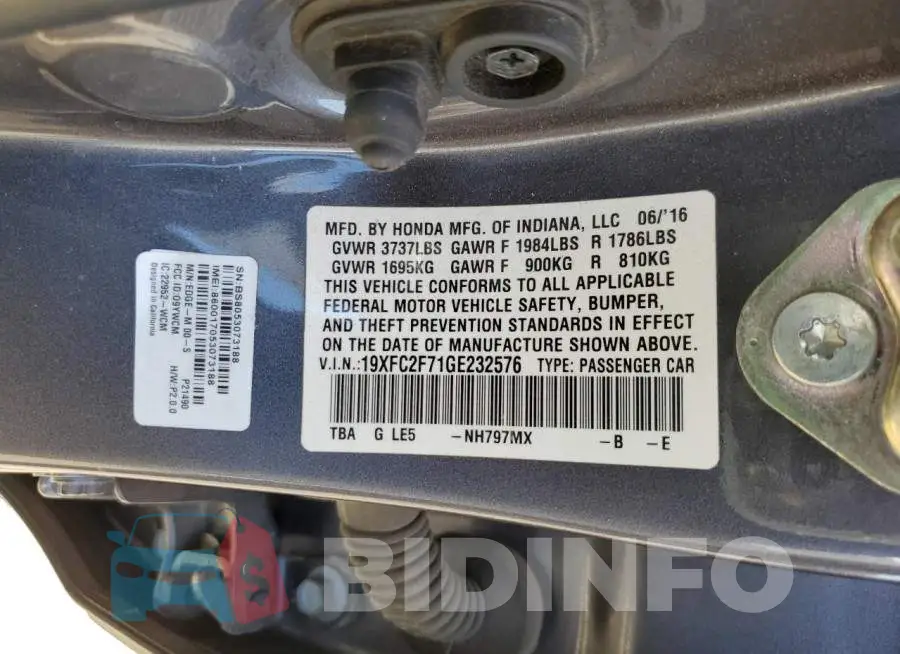 19XFC2F71GE232576 Photo# 10