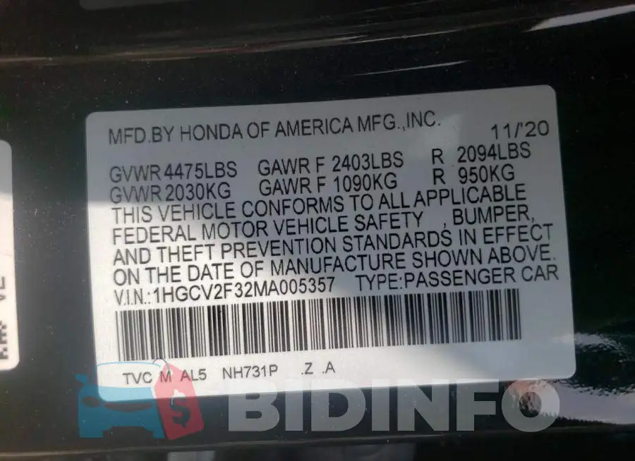 1HGCV2F32MA005357 Photo# 10
