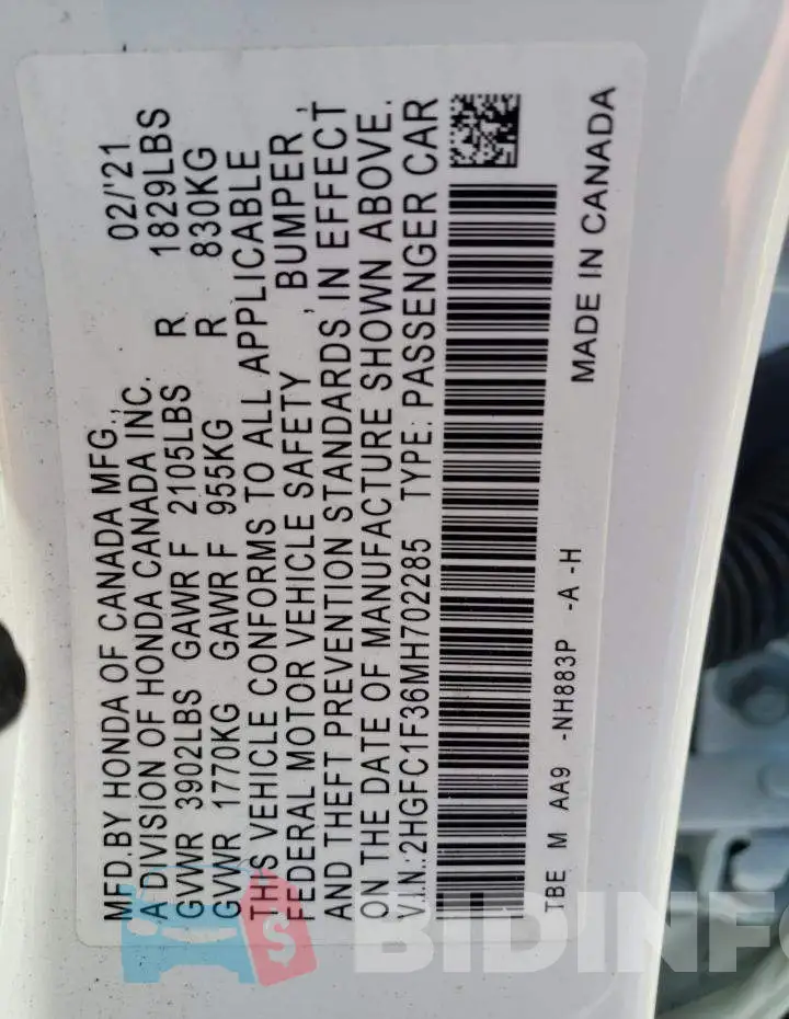 2HGFC1F36MH702285 Photo# 10