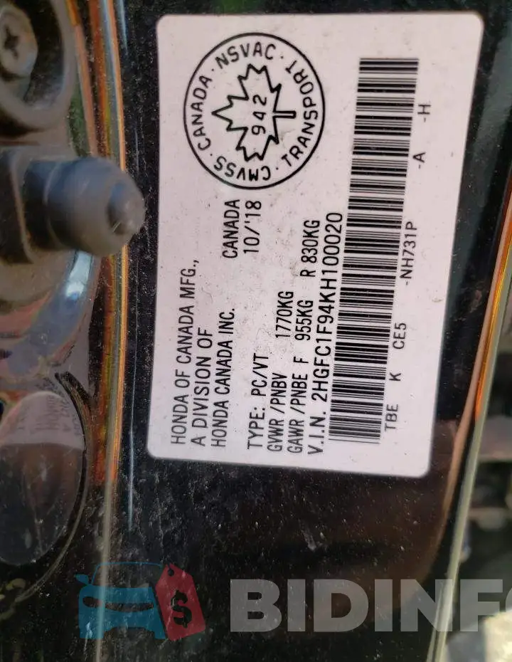 2HGFC1F94KH100020 Photo# 10