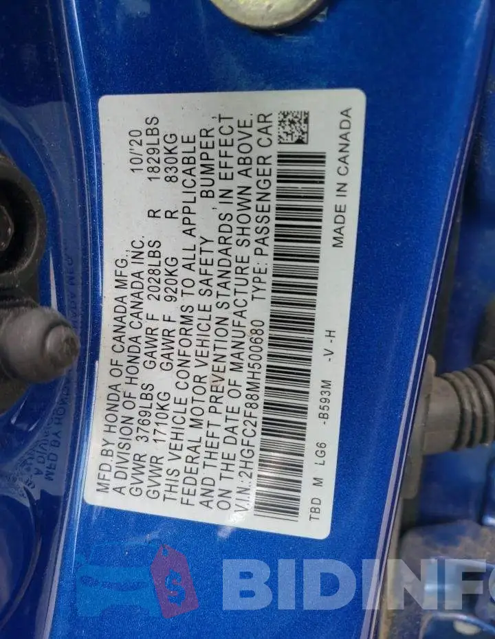 2HGFC2F88MH500680 Photo# 10