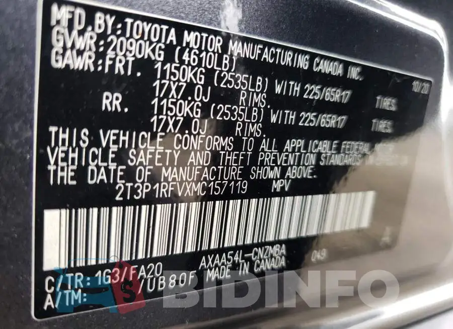 2T3P1RFVXMC157119 Photo# 10