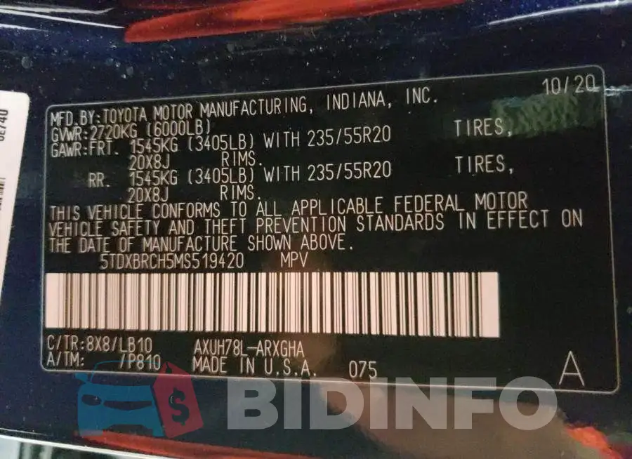 5TDXBRCH5MS519420 Photo# 10