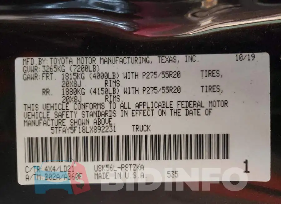 5TFAY5F18LX892231 Photo# 10
