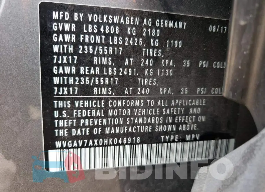 WVGAV7AX0HK046918 Photo# 10