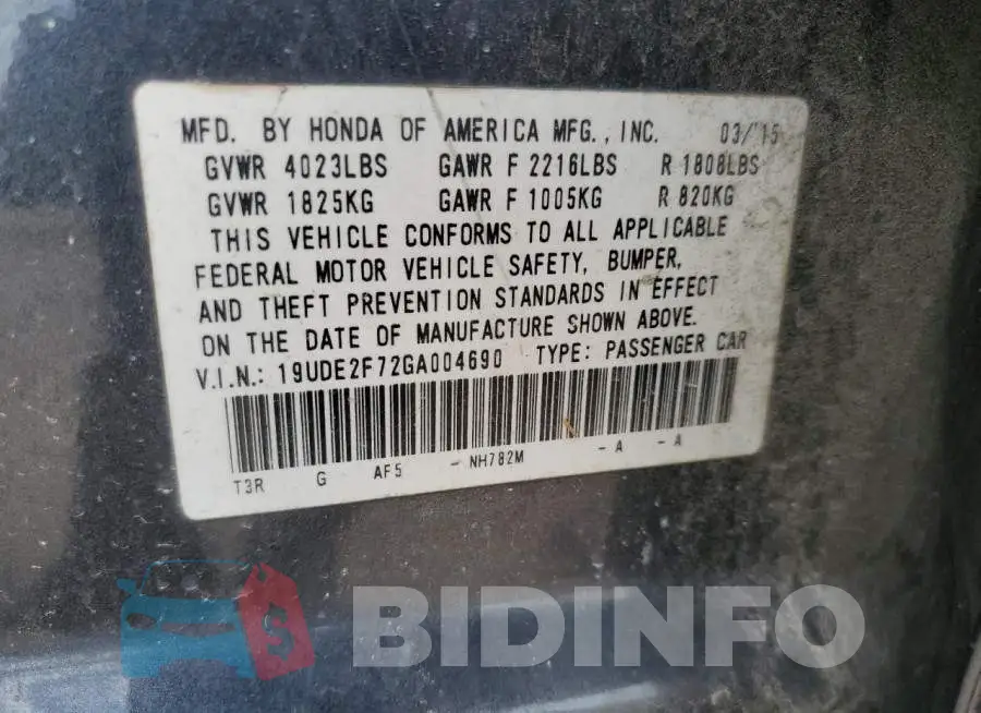 19UDE2F72GA004690 Photo# 10